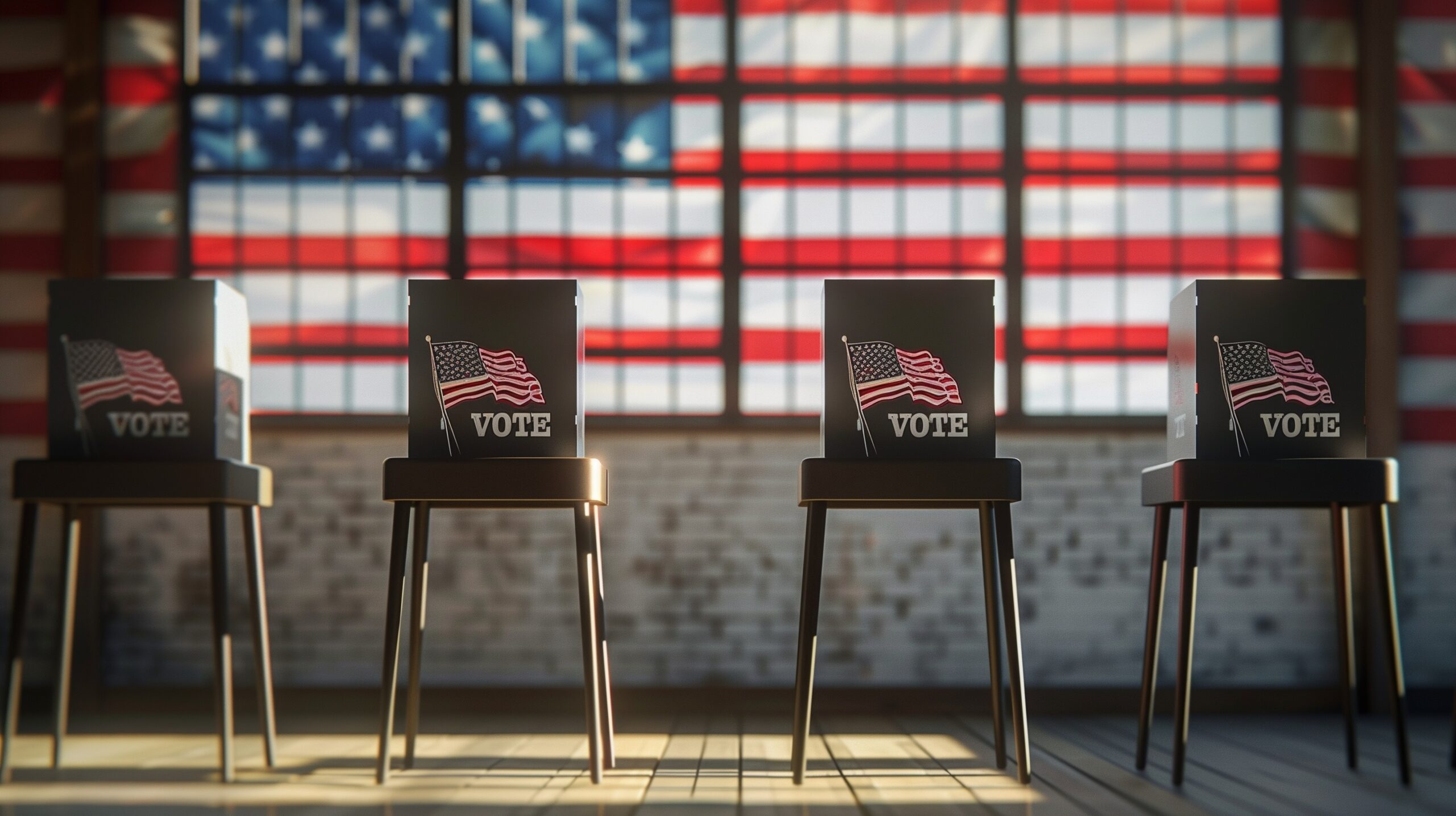 American voters participating in USA elections with private polling booths lined up, showcasing the democratic process in action.