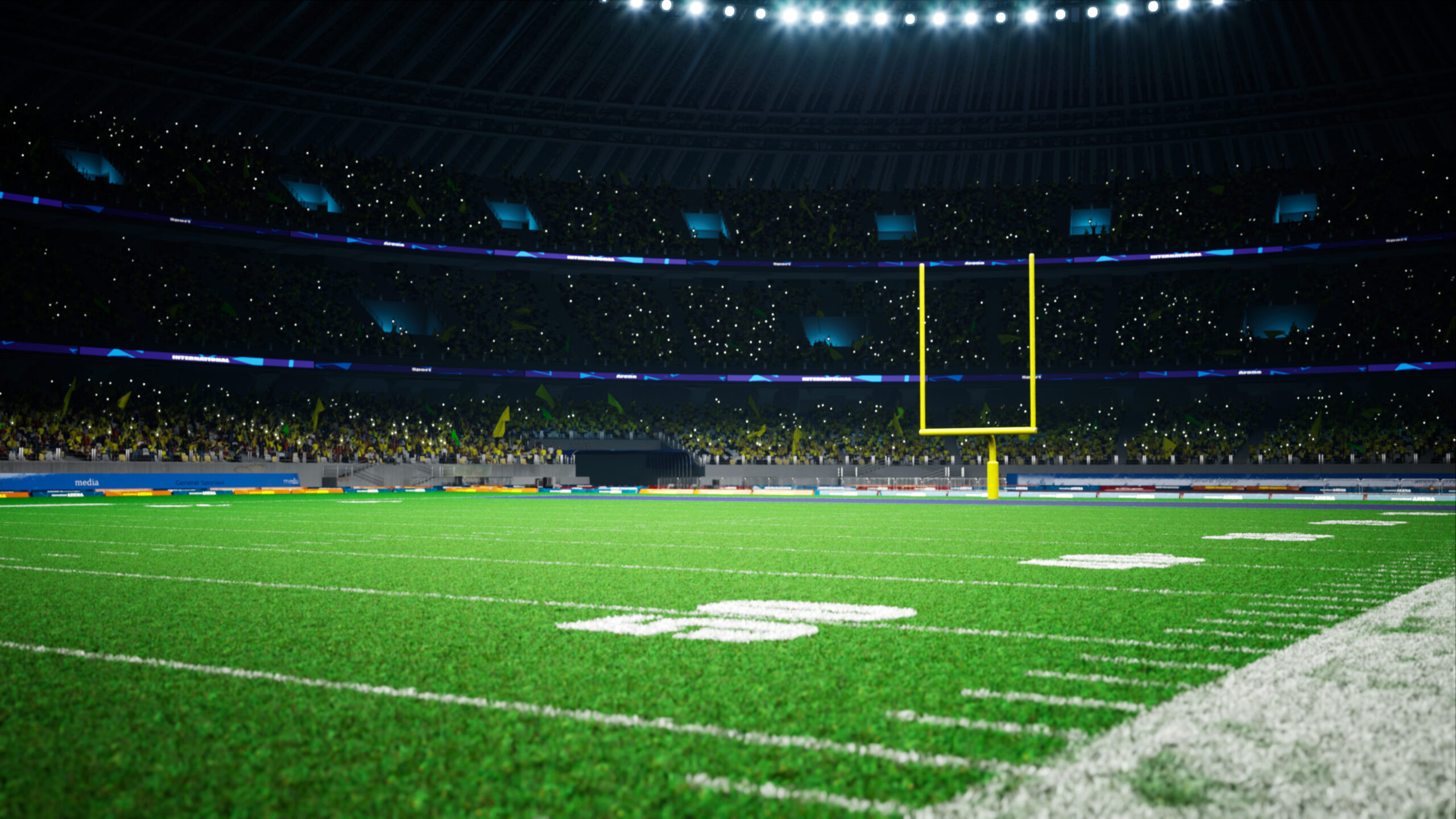 American football night stadium with fans iilluminated by spotlights waiting game. High quality 3d render